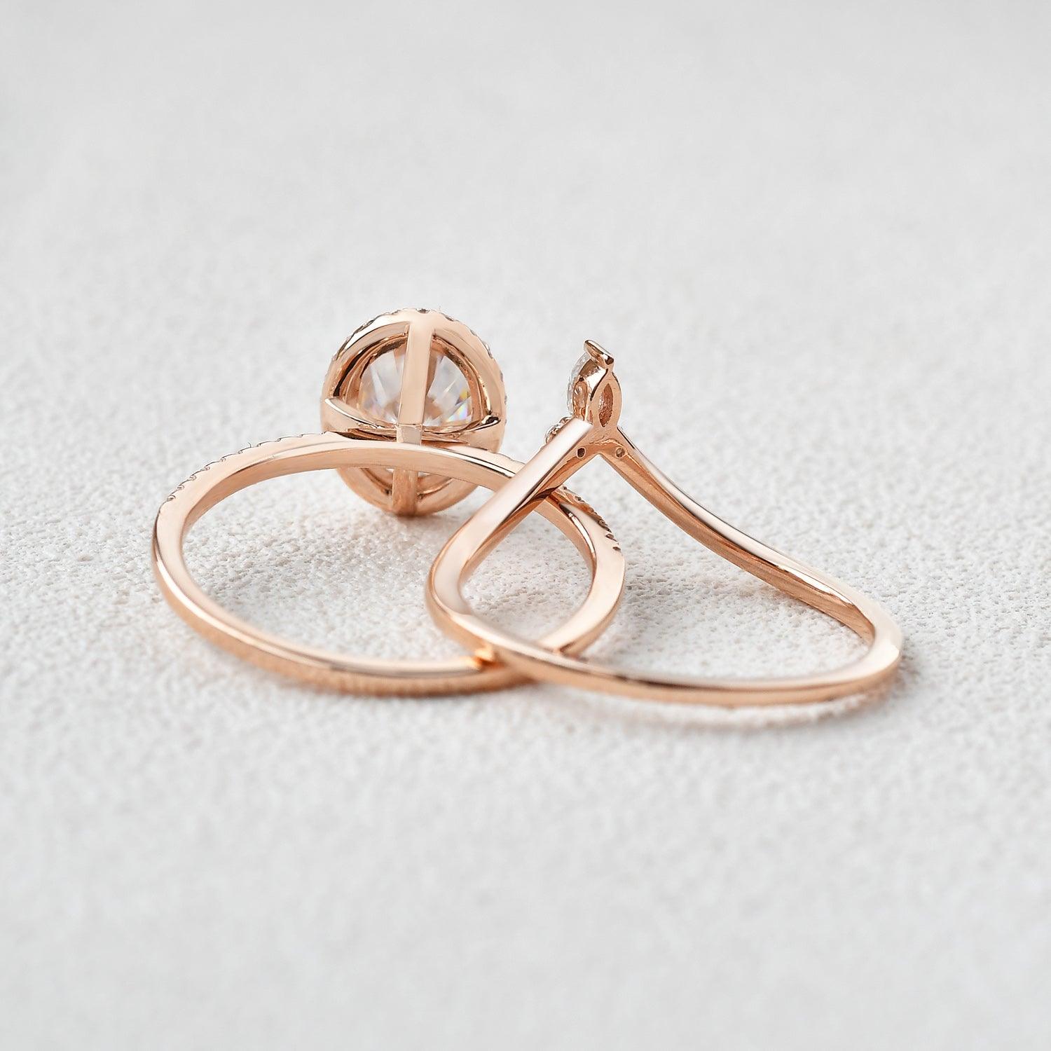 Oval Cut Moss Agate Halo Rose Gold Ring Set 2pcs - Felicegals 丨Wedding ring 丨Fashion ring 丨Diamond ring 丨Gemstone ring