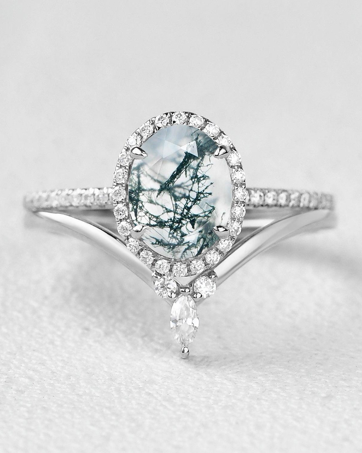 Oval Cut Moss Agate Halo Rose Gold Ring Set 2pcs - Felicegals 丨Wedding ring 丨Fashion ring 丨Diamond ring 丨Gemstone ring