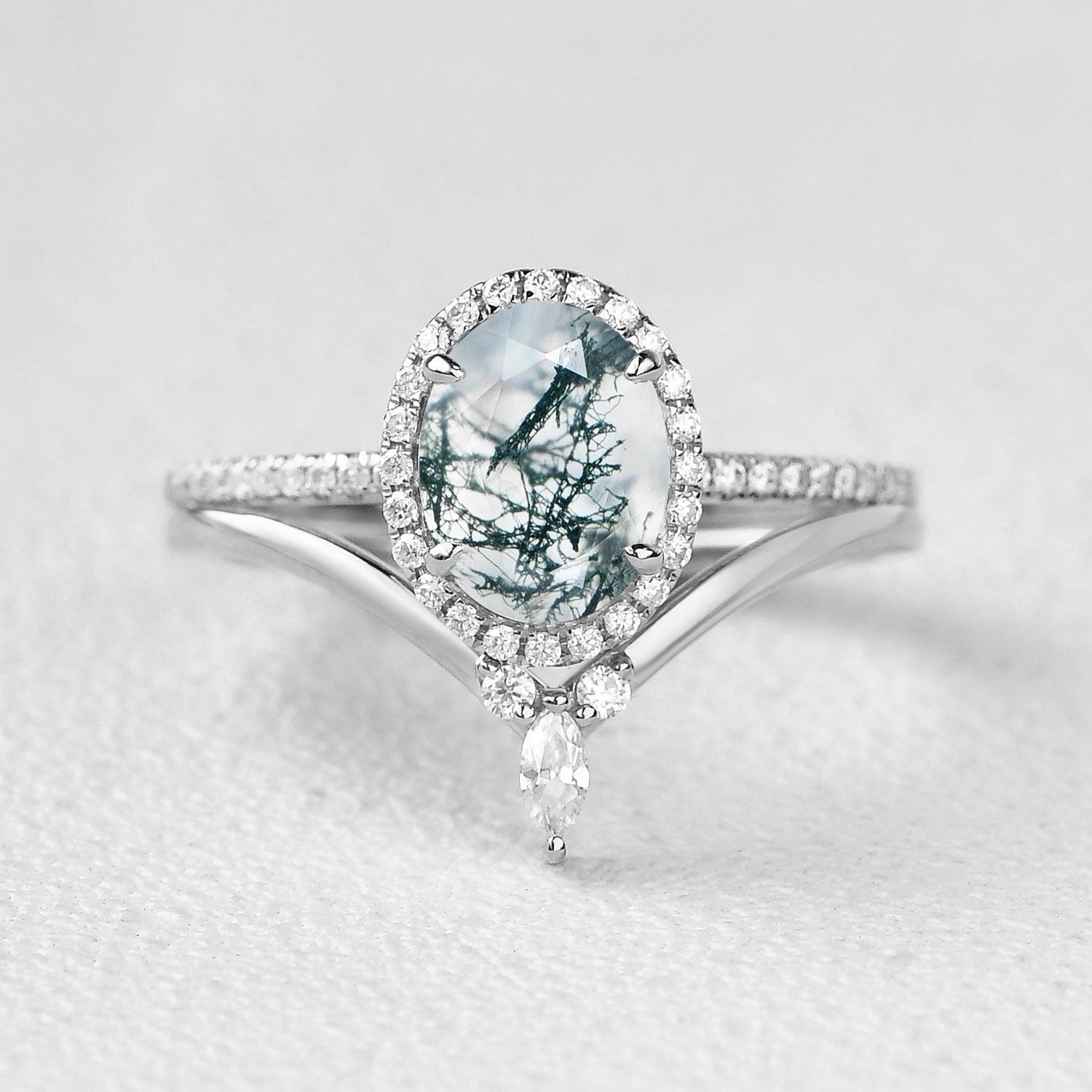 Oval Cut Moss Agate Halo Rose Gold Ring Set 2pcs - Felicegals 丨Wedding ring 丨Fashion ring 丨Diamond ring 丨Gemstone ring