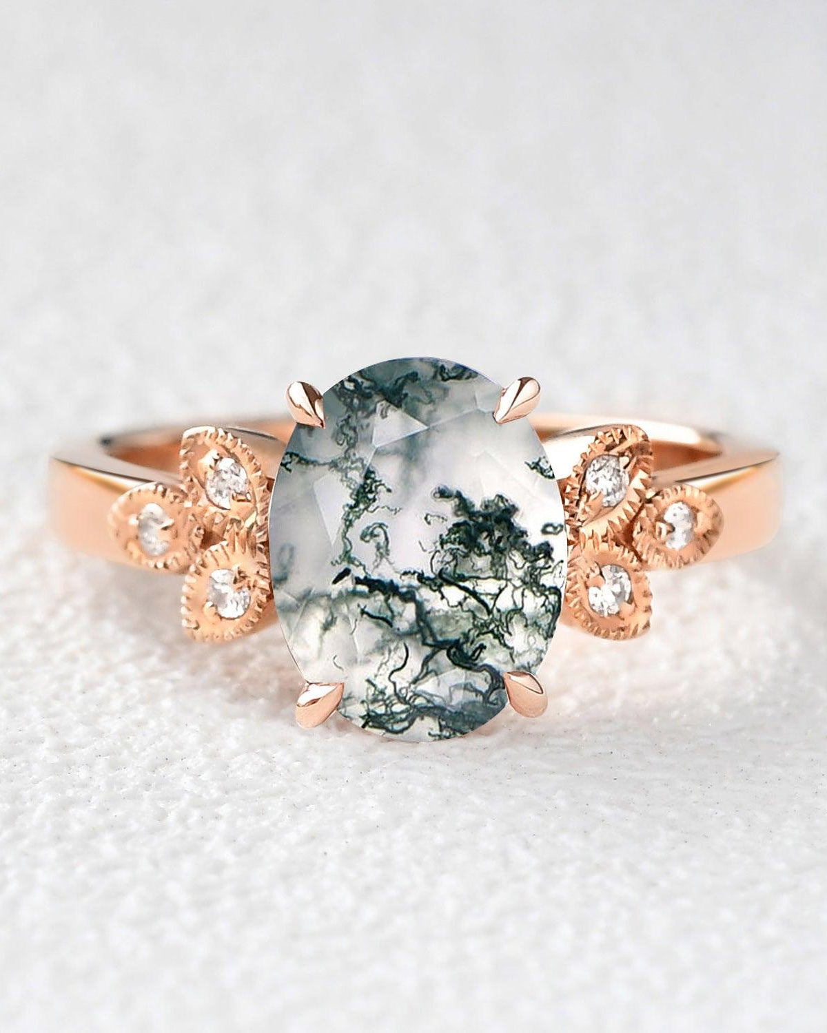 Moss Agate Oval Shaped Wedding Engagement Ring - Felicegals 丨Wedding ring 丨Fashion ring 丨Diamond ring 丨Gemstone ring