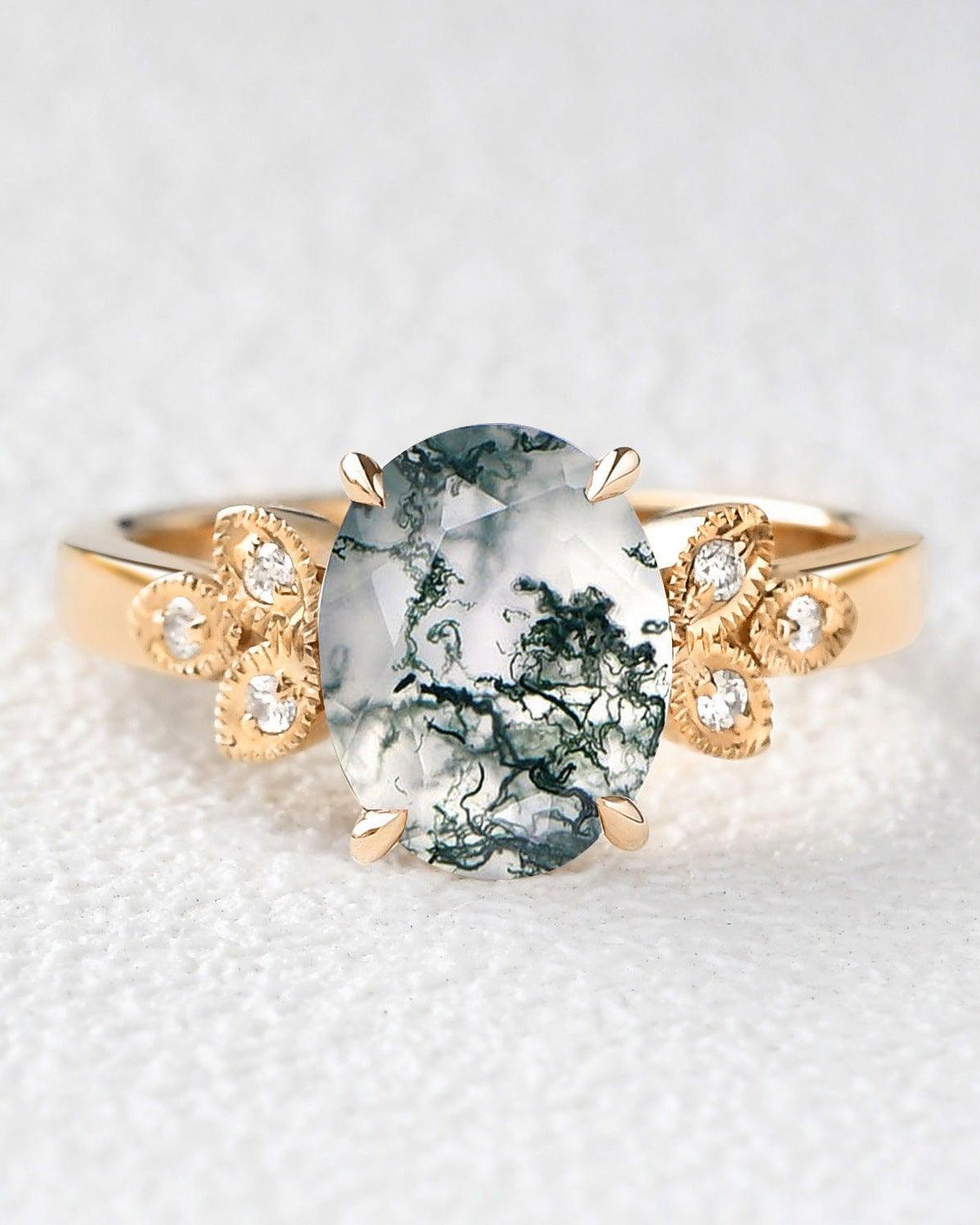 Moss Agate Oval Shaped Wedding Engagement Ring - Felicegals 丨Wedding ring 丨Fashion ring 丨Diamond ring 丨Gemstone ring