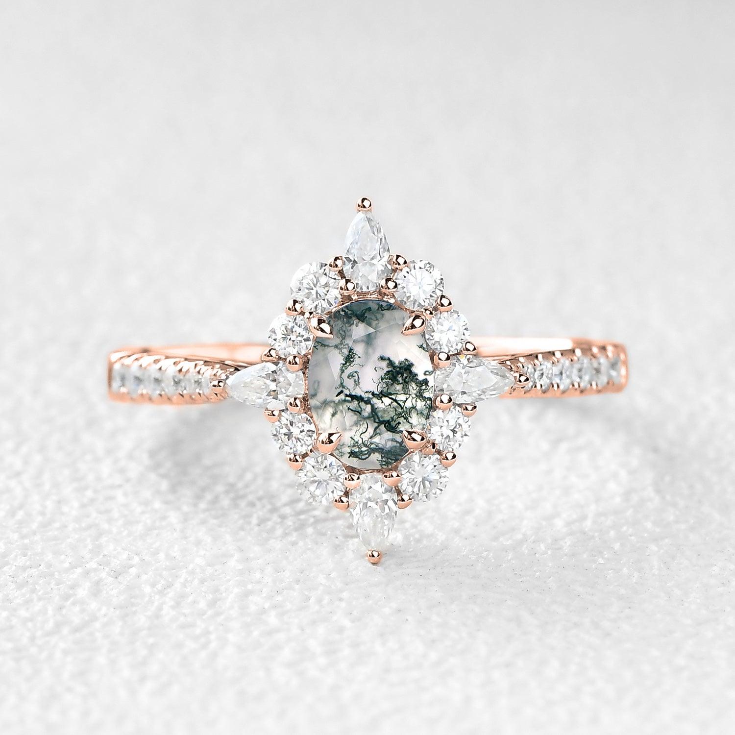 Oval Shaped Vintage Moss Agate Halo Engagement Ring - Felicegals 丨Wedding ring 丨Fashion ring 丨Diamond ring 丨Gemstone ring