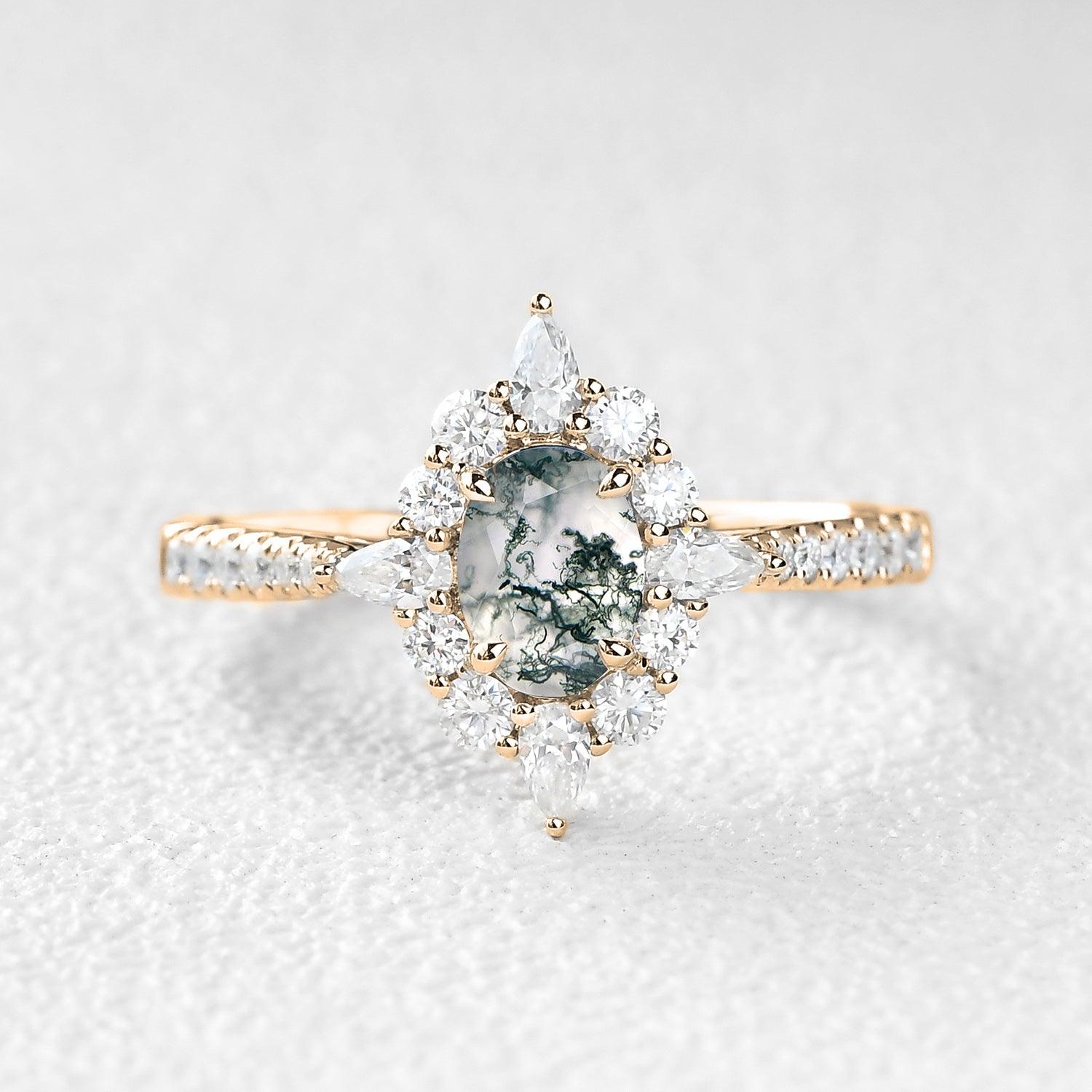 Oval Shaped Vintage Moss Agate Halo Engagement Ring - Felicegals 丨Wedding ring 丨Fashion ring 丨Diamond ring 丨Gemstone ring