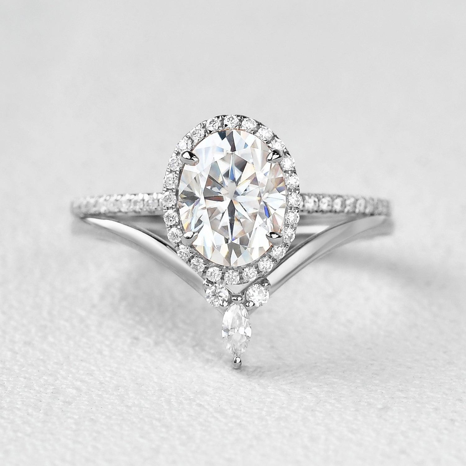 Oval Cut Moss Agate Halo Rose Gold Ring Set 2pcs - Felicegals 丨Wedding ring 丨Fashion ring 丨Diamond ring 丨Gemstone ring