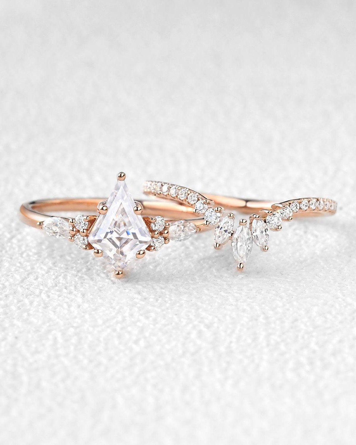 Kite Cut Moissanite Three Stone Engagement Ring Set 2pcs - Rebecca