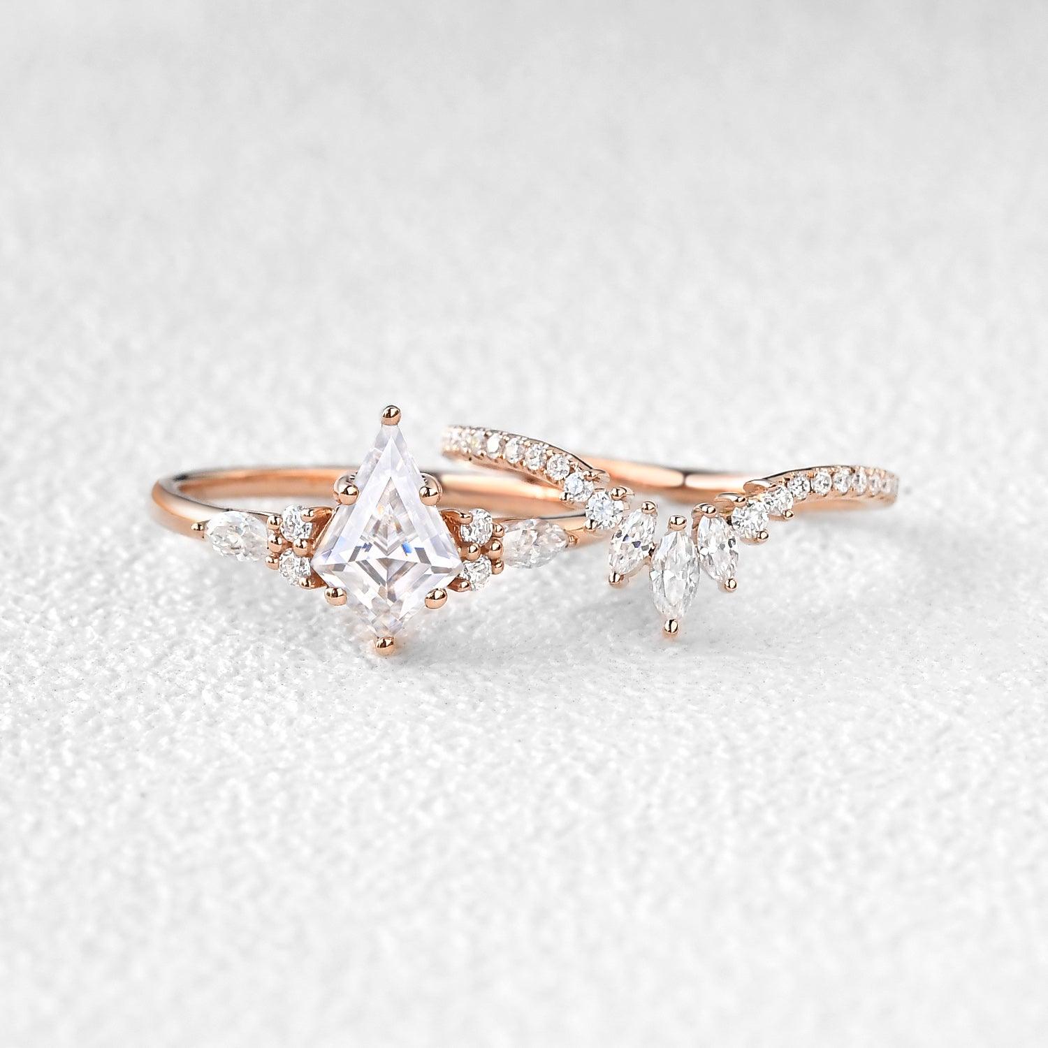 Kite Cut Moissanite Three Stone Engagement Ring Set 2pcs - Rebecca