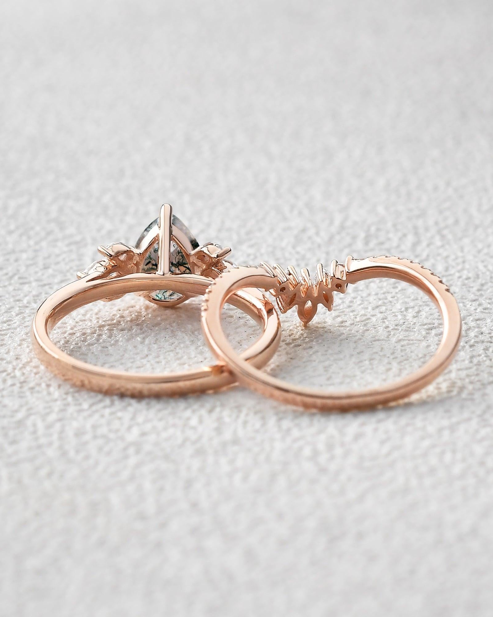 1.5ct Pear Shaped Moss Agate Butterfly Cluster Ring Set 2pcs - Felicegals 丨Wedding ring 丨Fashion ring 丨Diamond ring 丨Gemstone ring