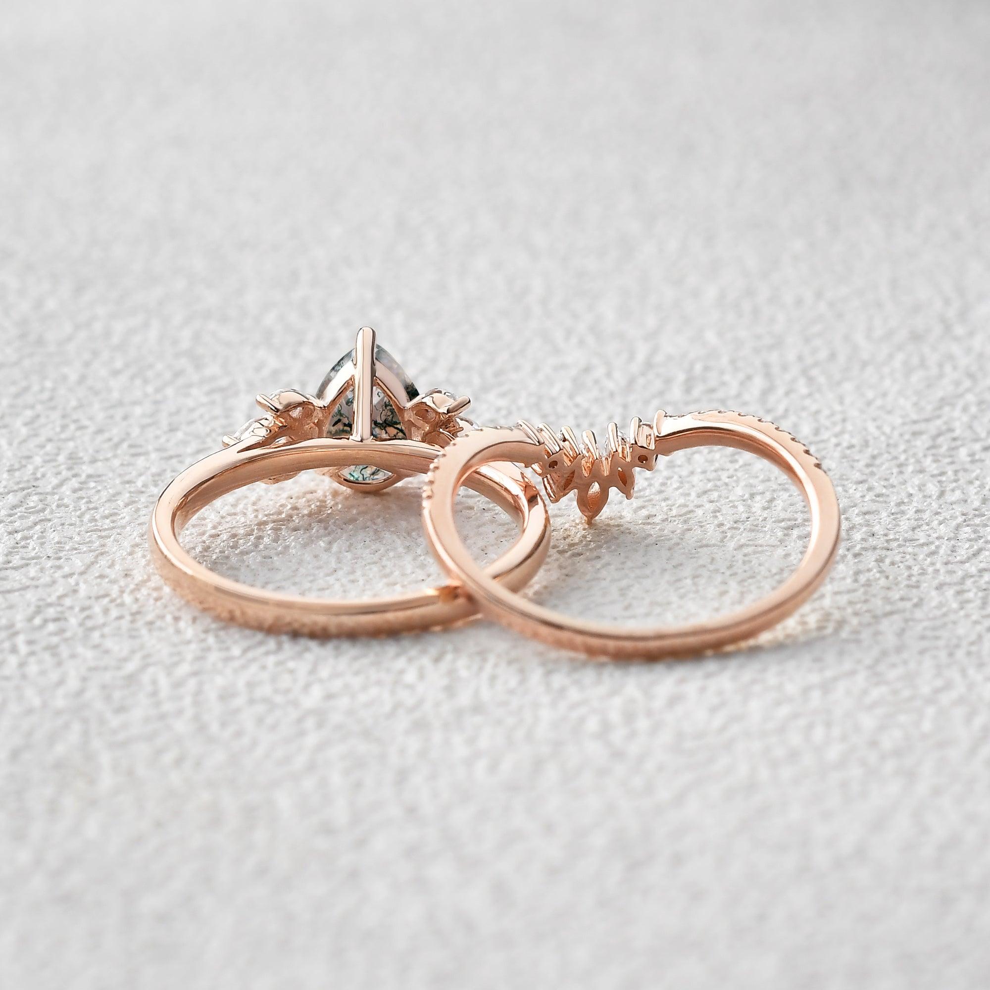 1.5ct Pear Shaped Moss Agate Butterfly Cluster Ring Set 2pcs - Felicegals 丨Wedding ring 丨Fashion ring 丨Diamond ring 丨Gemstone ring