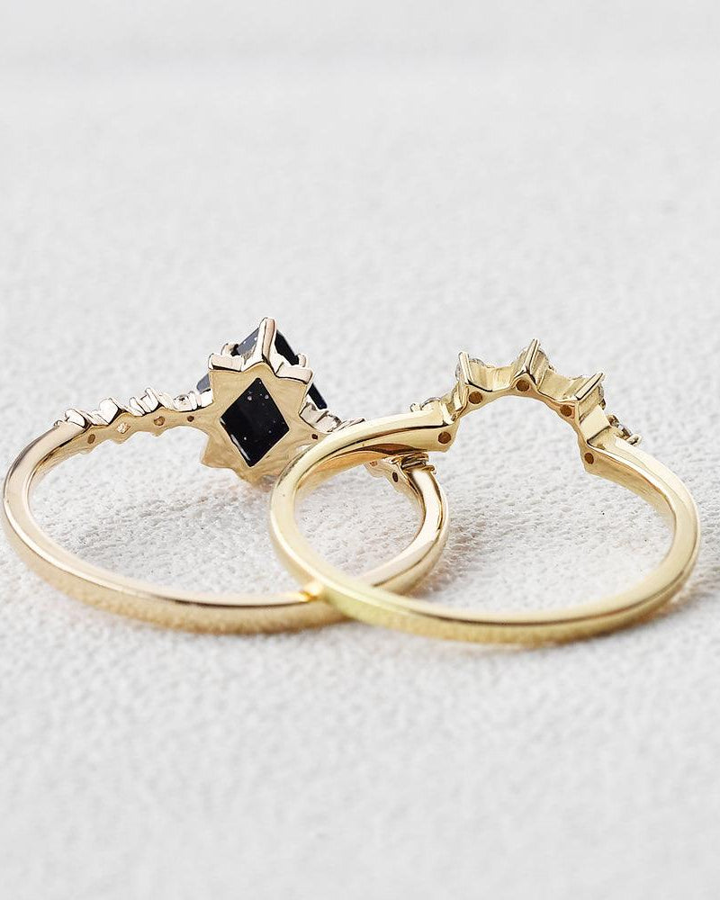 Blue Sandstone & Moissanite Ring Set 2pcs - Felicegals