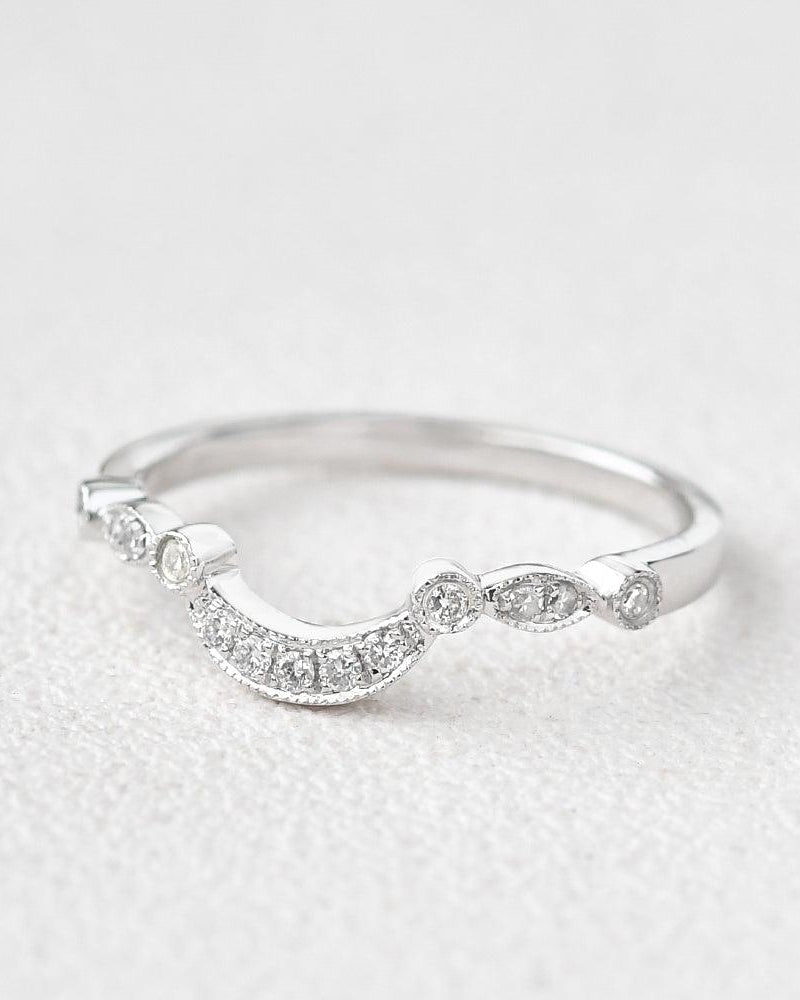 Moissanite Curved Wedding White Gold Stacking Band - Felicegals 丨Wedding ring 丨Fashion ring 丨Diamond ring 丨Gemstone ring--Felicegals