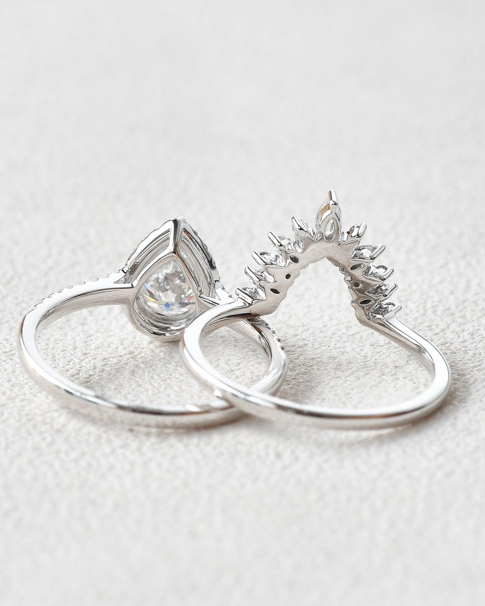 Moissanite Pear Cut Halo White Gold Ring Set 2pcs - Felicegals 丨Wedding ring 丨Fashion ring 丨Diamond ring 丨Gemstone ring--Felicegals