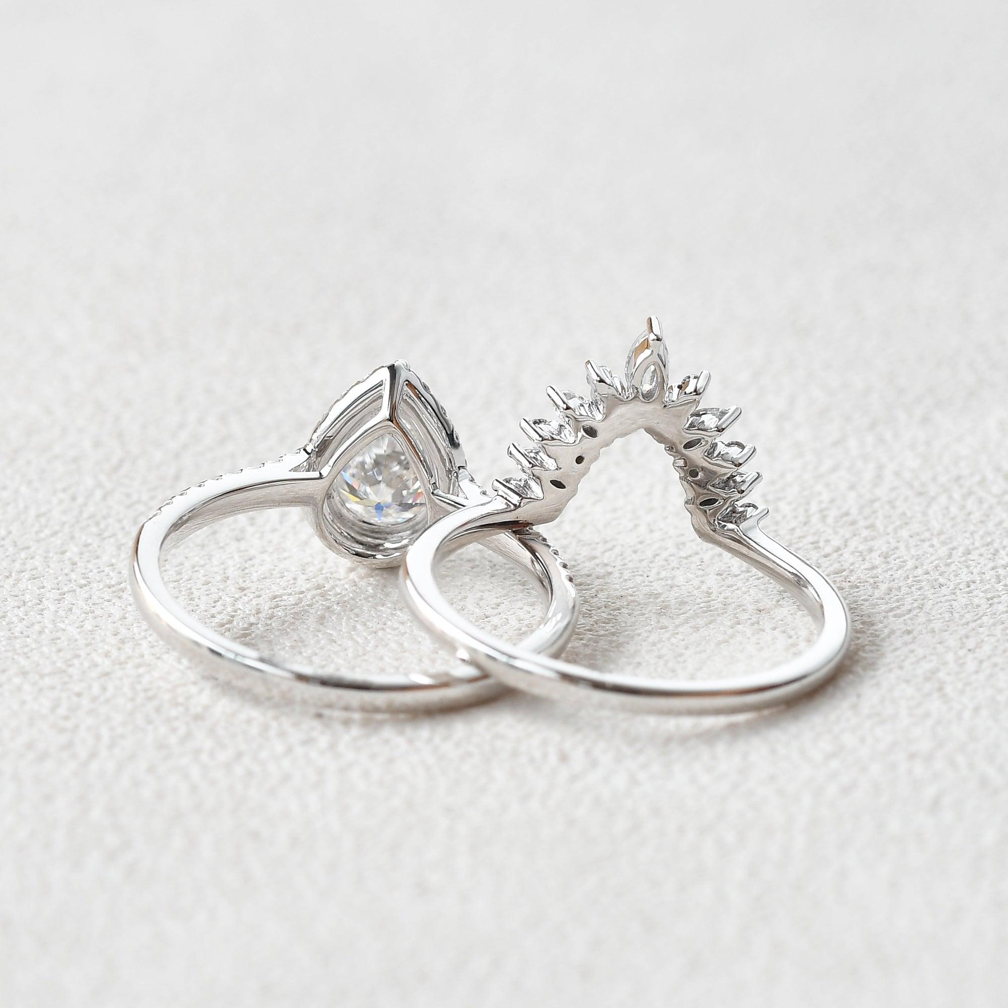 Moissanite Pear Cut Halo White Gold Ring Set 2pcs - Felicegals 丨Wedding ring 丨Fashion ring 丨Diamond ring 丨Gemstone ring--Felicegals