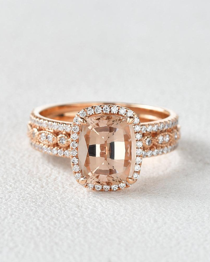 Cushion Cut Morganite Vintage Inspired Rose Gold Ring - Felicegals 丨Wedding ring 丨Fashion ring 丨Diamond ring 丨Gemstone ring--Felicegals 丨Wedding ring 丨Fashion ring 丨Diamond ring 丨Gemstone ring