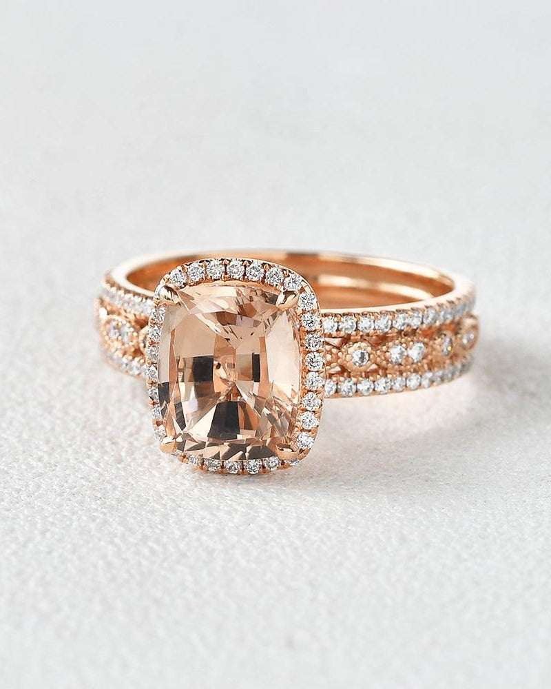 Cushion Cut Morganite Vintage Inspired Rose Gold Ring - Felicegals 丨Wedding ring 丨Fashion ring 丨Diamond ring 丨Gemstone ring--Felicegals 丨Wedding ring 丨Fashion ring 丨Diamond ring 丨Gemstone ring