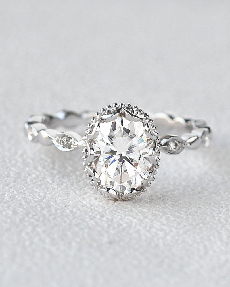Oval Cut Moissanite Halo Milgrain Ring - Felicegals