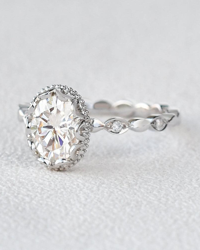 Oval Cut Moissanite Halo Milgrain Ring - Felicegals