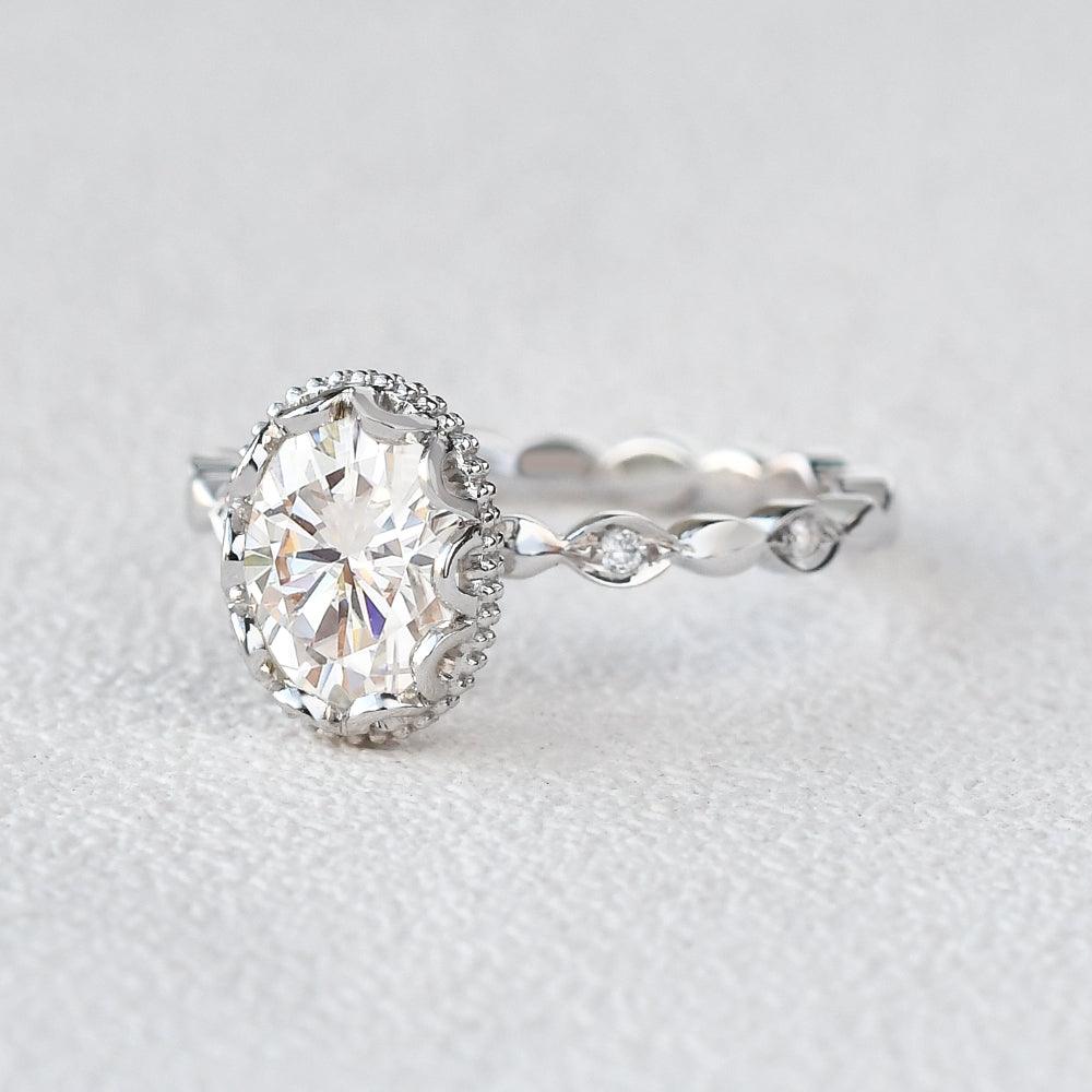 Oval Cut Moissanite Halo Milgrain Ring - Felicegals