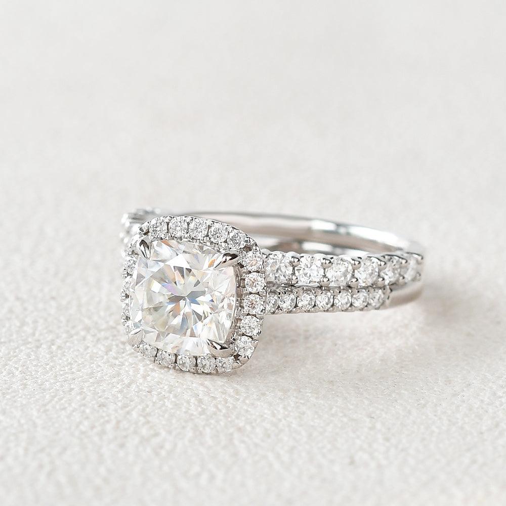 1.5ct Cushion Cut Moissanite Halo White Gold Ring Set 2pcs - Felicegals 丨Wedding ring 丨Fashion ring 丨Diamond ring 丨Gemstone ring--Felicegals 丨Wedding ring 丨Fashion ring 丨Diamond ring 丨Gemstone ring