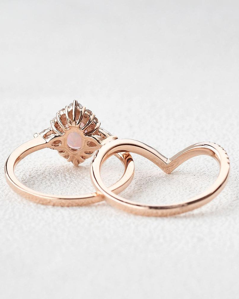 Lab Opal & Moissanite 14K Gold Ring Set 2pcs - Felicegals