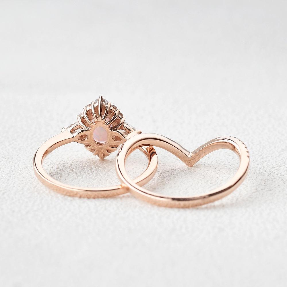 Lab Opal & Moissanite 14K Gold Ring Set 2pcs - Felicegals