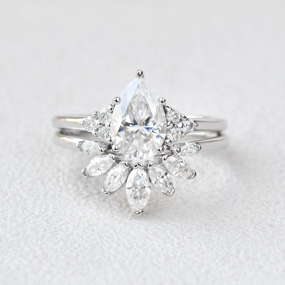 Pear Shaped Moissanite Rose Gold Cluster Ring Set 2pcs - Felicegals