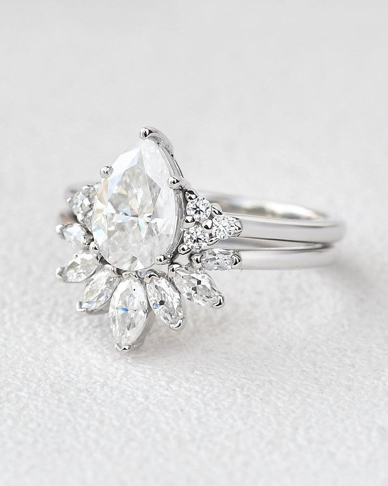 Pear Shaped Moissanite Rose Gold Cluster Ring Set 2pcs - Felicegals