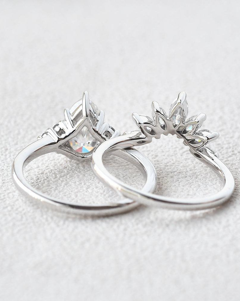 Pear Shaped Moissanite Rose Gold Cluster Ring Set 2pcs - Felicegals