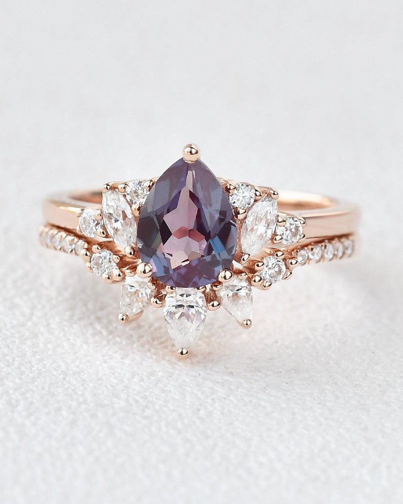 Lab Alexandrite & Moissanite Rose Gold Ring Set 2pcs - Felicegals