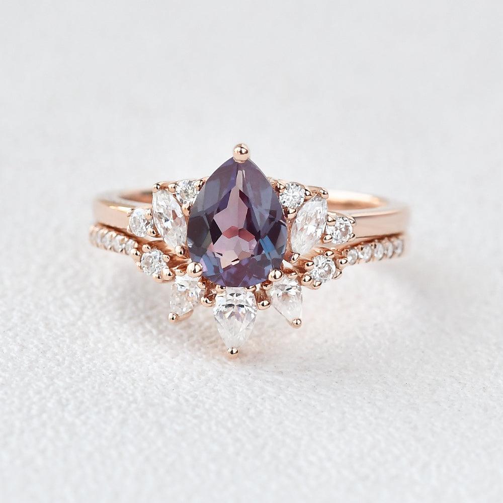 Lab Alexandrite & Moissanite Rose Gold Ring Set 2pcs - Felicegals