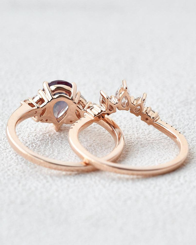Lab Alexandrite & Moissanite Rose Gold Ring Set 2pcs - Felicegals
