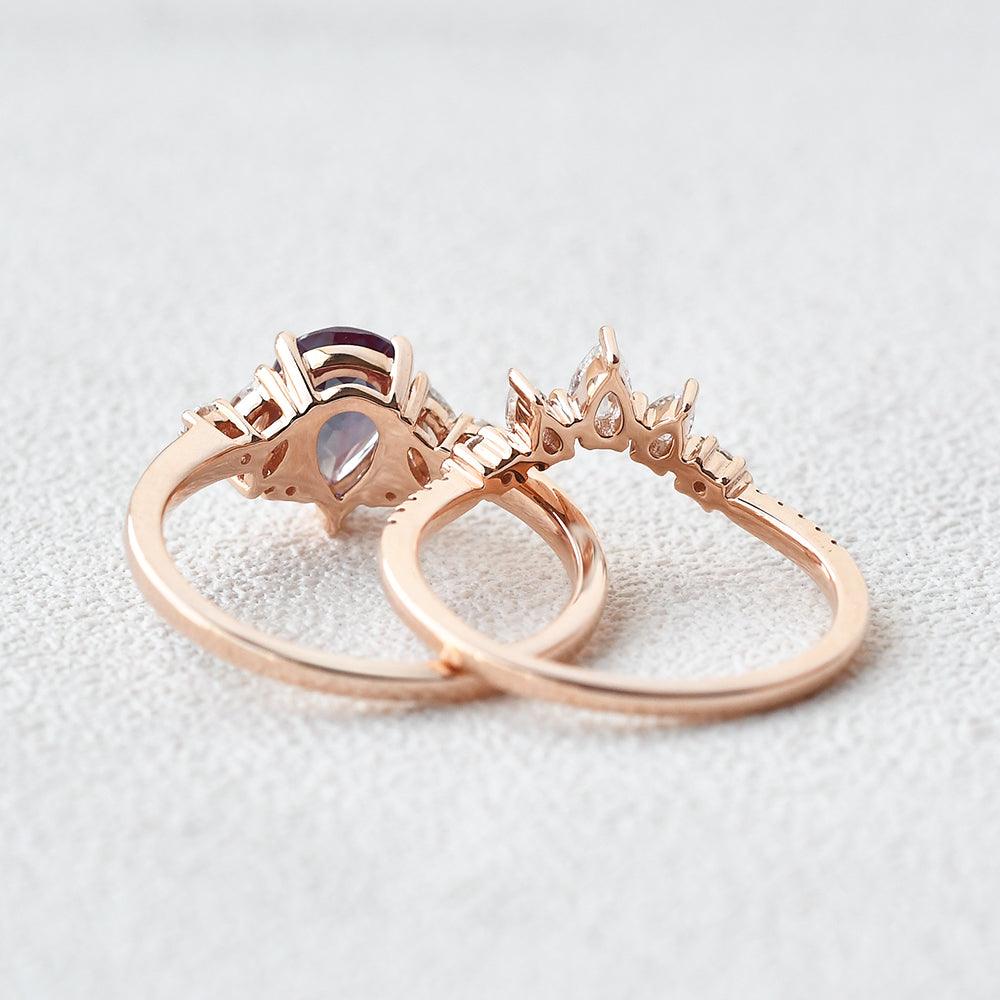 Lab Alexandrite & Moissanite Rose Gold Ring Set 2pcs - Felicegals