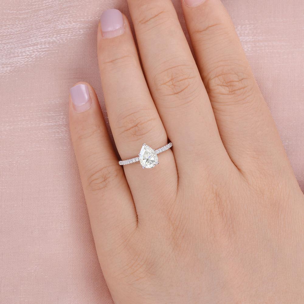 1ct Pear Shaped Moissanite Solitaire White Gold Ring - Felicegals 丨Wedding ring 丨Fashion ring 丨Diamond ring 丨Gemstone ring--Felicegals 丨Wedding ring 丨Fashion ring 丨Diamond ring 丨Gemstone ring