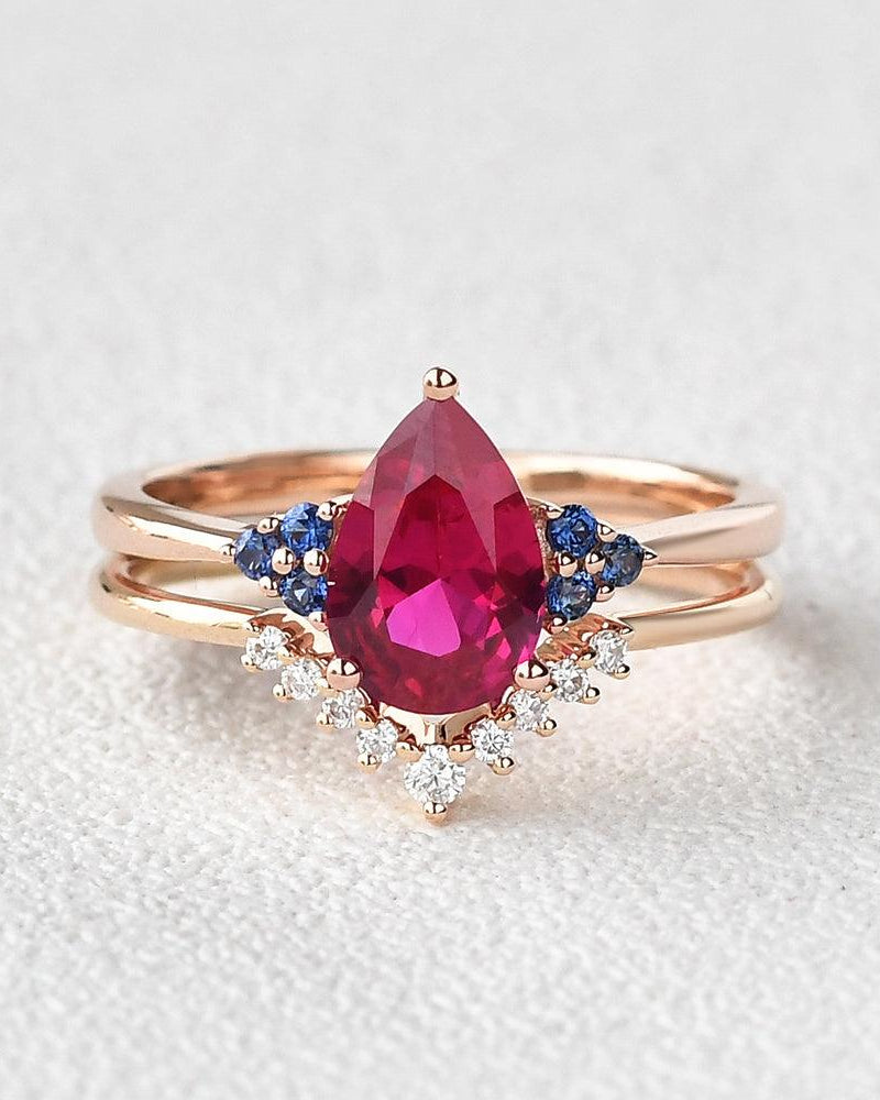Pear Shaped Lab Ruby Rose Gold Ring Set 2pcs - Felicegals