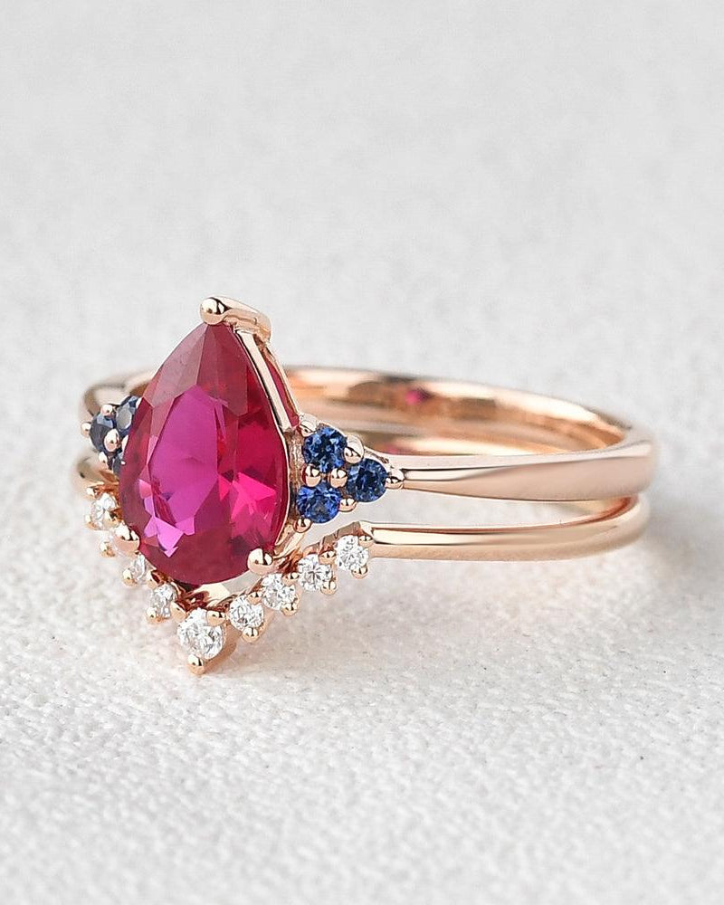 Pear Shaped Lab Ruby Rose Gold Ring Set 2pcs - Felicegals