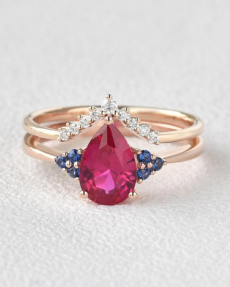 Pear Shaped Lab Ruby Rose Gold Ring Set 2pcs - Felicegals