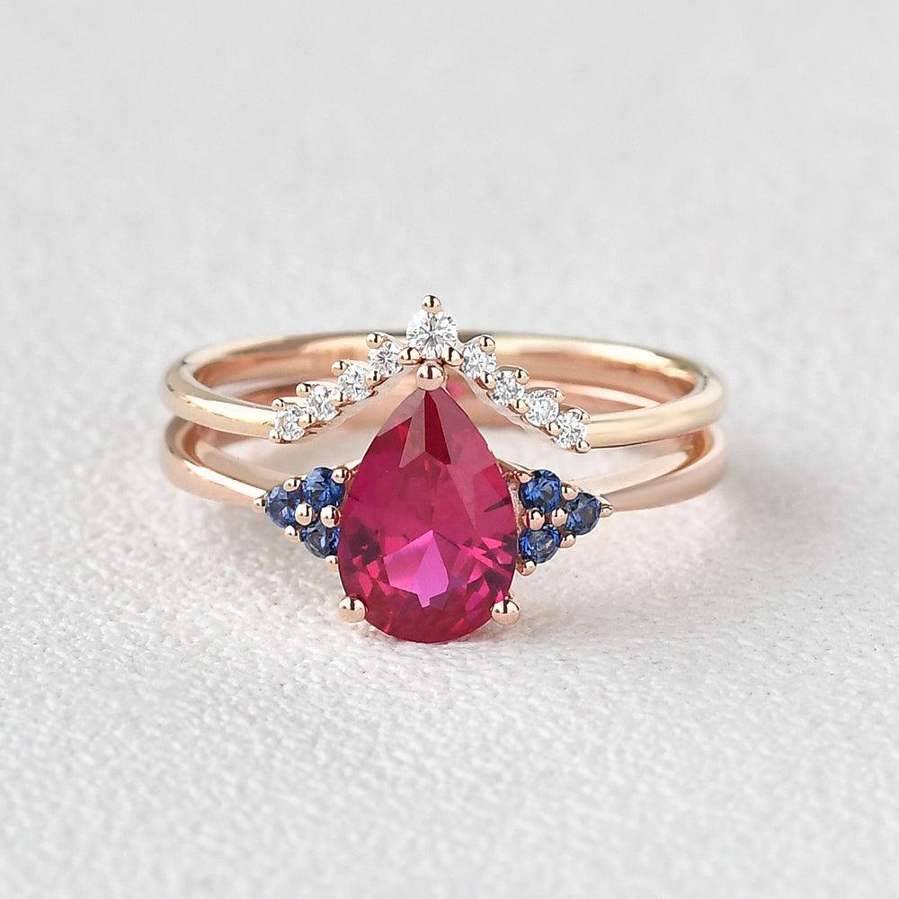 Pear Shaped Lab Ruby Rose Gold Ring Set 2pcs - Felicegals