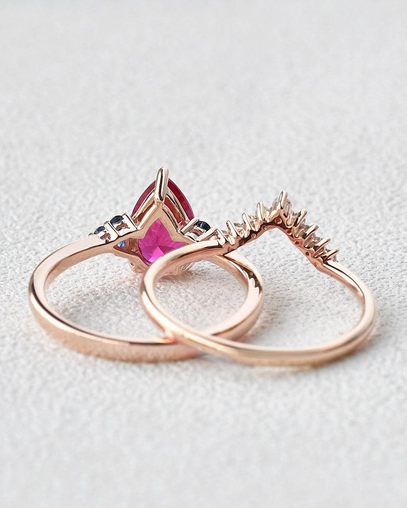 Pear Shaped Lab Ruby Rose Gold Ring Set 2pcs - Felicegals
