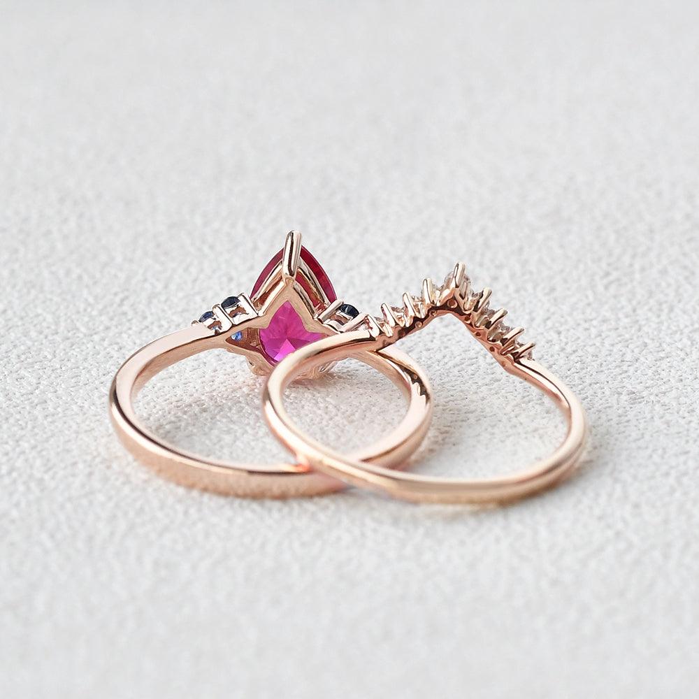 Pear Shaped Lab Ruby Rose Gold Ring Set 2pcs - Felicegals
