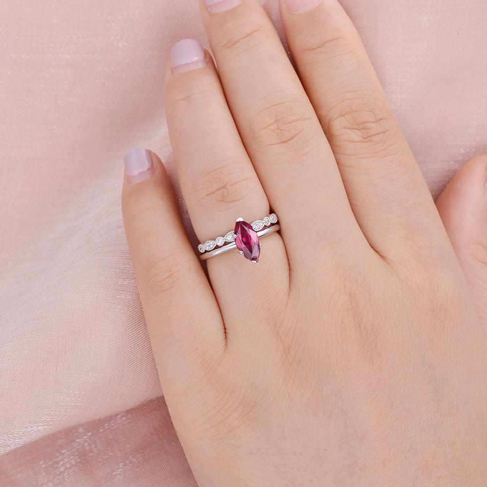 Marquise Lab Ruby Solitaire White Gold Ring Set 2pcs - Felicegals 丨Wedding ring 丨Fashion ring 丨Diamond ring 丨Gemstone ring--Felicegals 丨Wedding ring 丨Fashion ring 丨Diamond ring 丨Gemstone ring