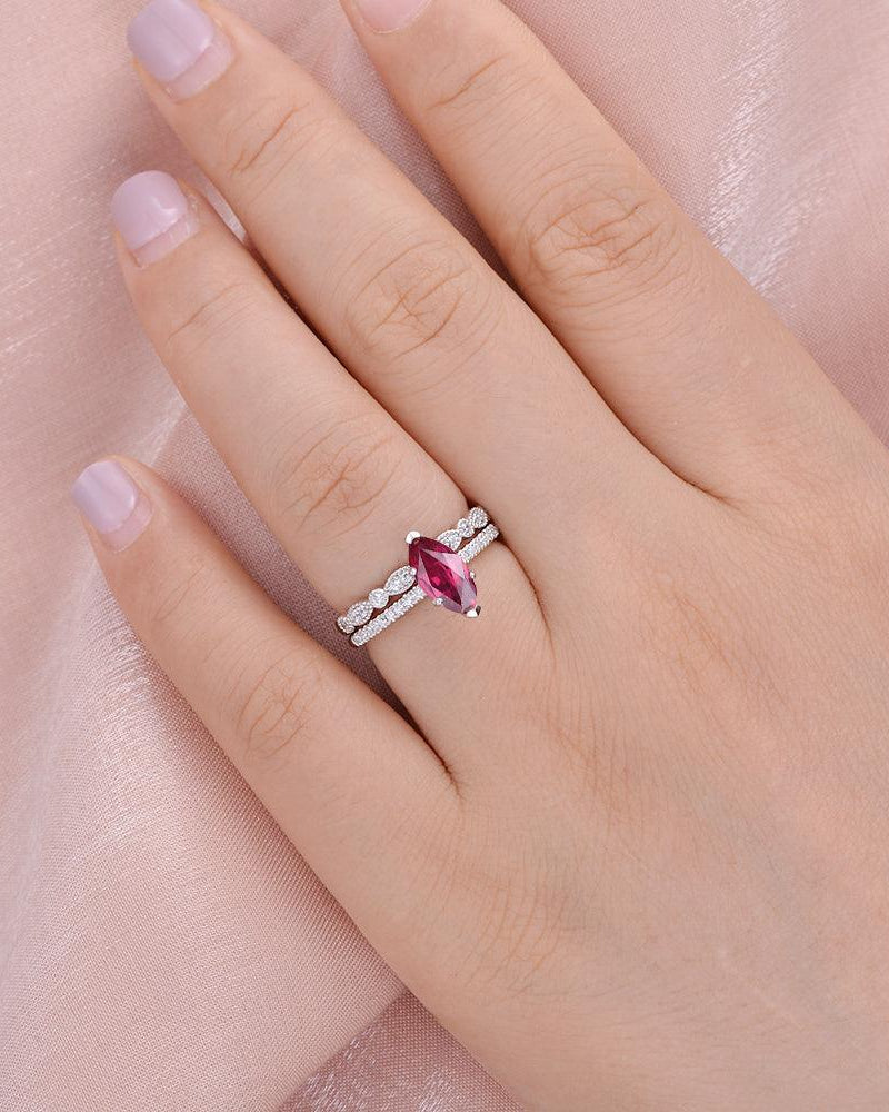 Marquise Ruby Solitaire Eternity White Gold Ring Set 2pcs - Felicegals 丨Wedding ring 丨Fashion ring 丨Diamond ring 丨Gemstone ring--Felicegals 丨Wedding ring 丨Fashion ring 丨Diamond ring 丨Gemstone ring