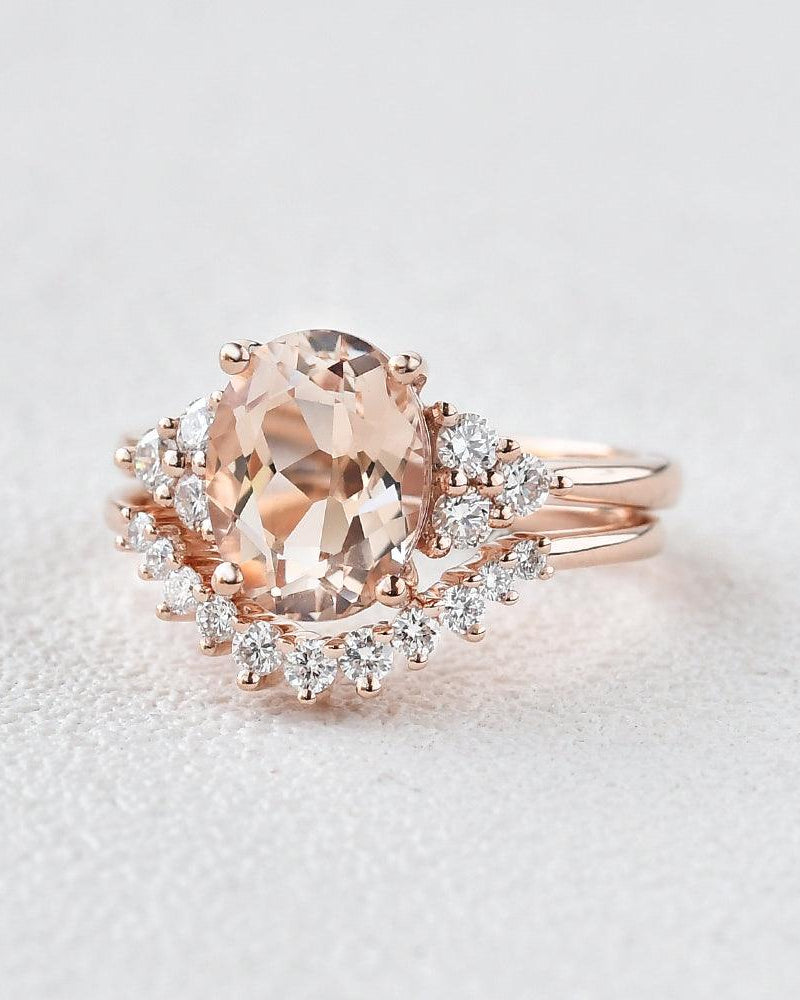 3ct Morganite Oval Classic Rose Gold Ring Set 2PCS - Felicegals