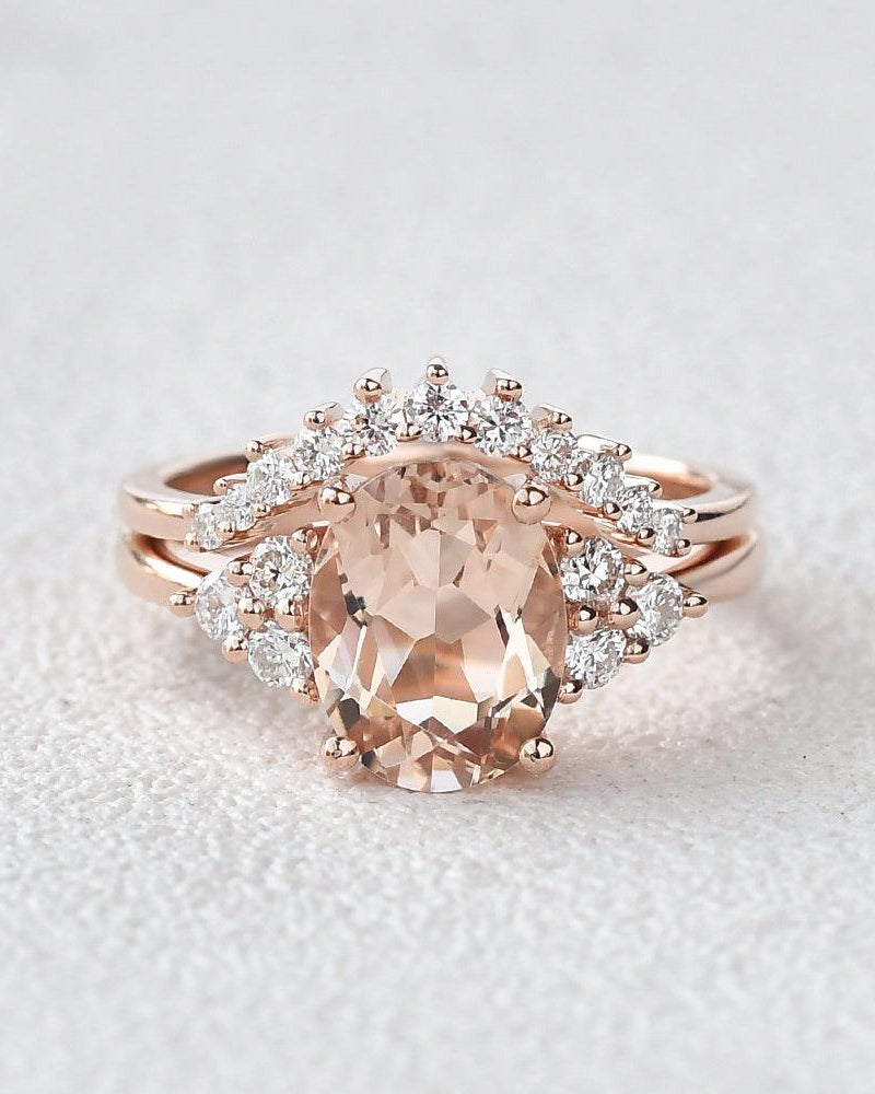 3ct Morganite Oval Classic Rose Gold Ring Set 2PCS - Felicegals
