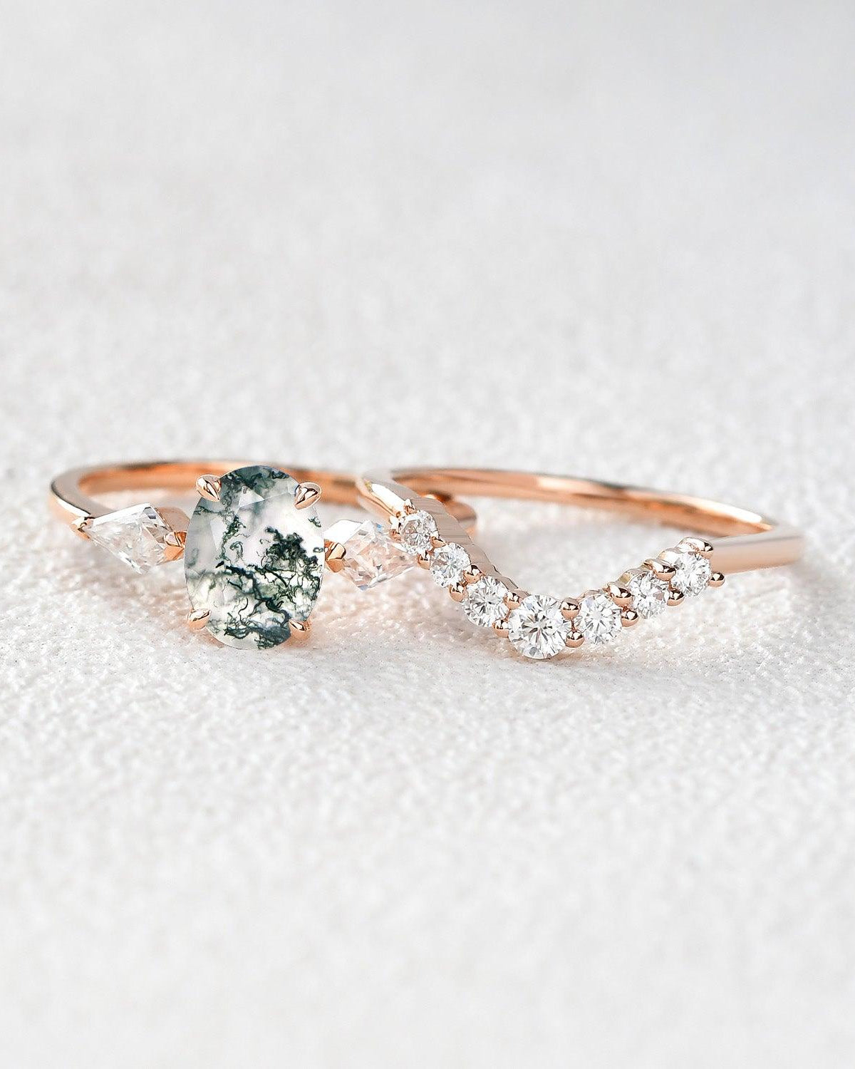 Oval Moss Agate Three Stone Engagement Ring Set 2pcs - Felicegals 丨Wedding ring 丨Fashion ring 丨Diamond ring 丨Gemstone ring