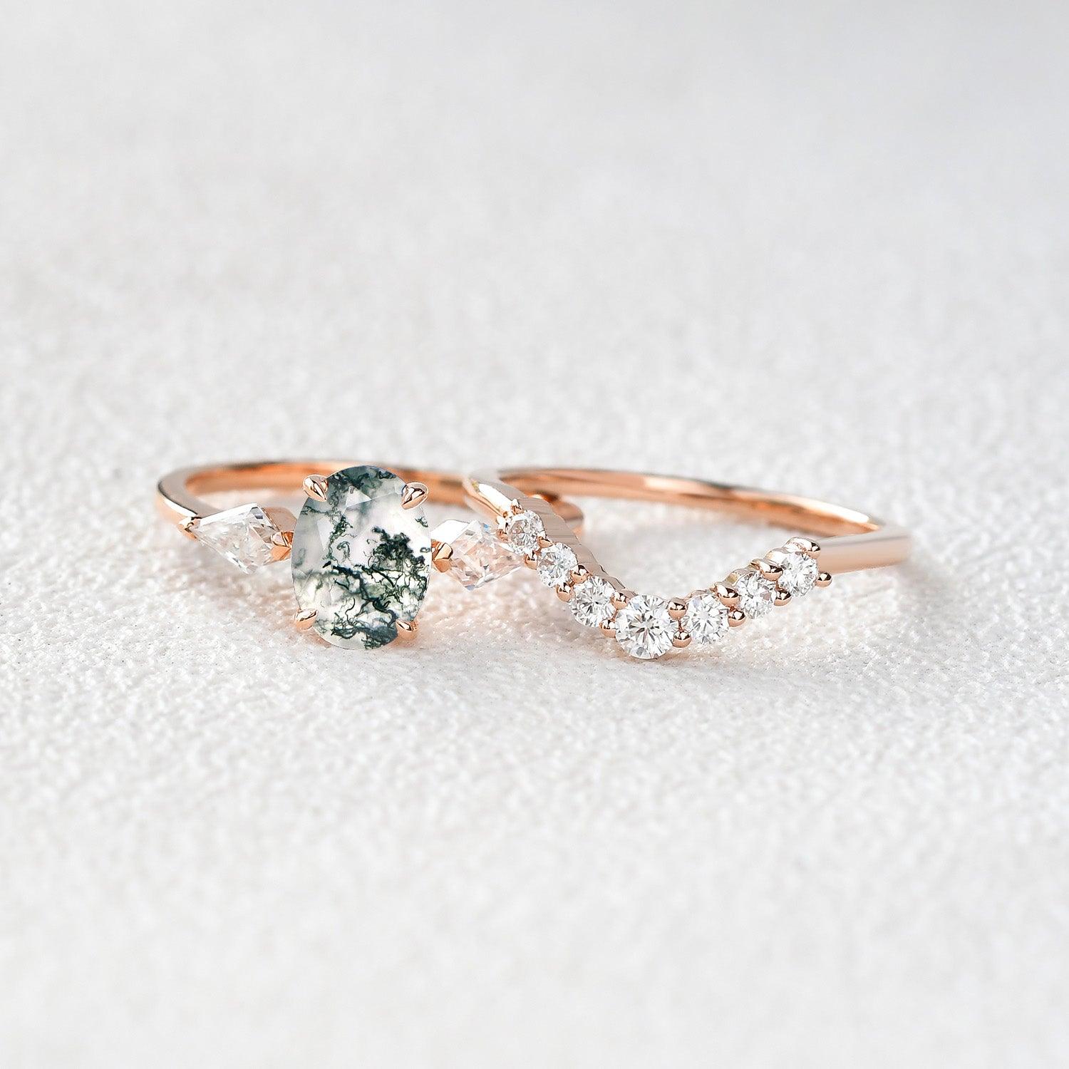 Oval Moss Agate Three Stone Engagement Ring Set 2pcs - Felicegals 丨Wedding ring 丨Fashion ring 丨Diamond ring 丨Gemstone ring