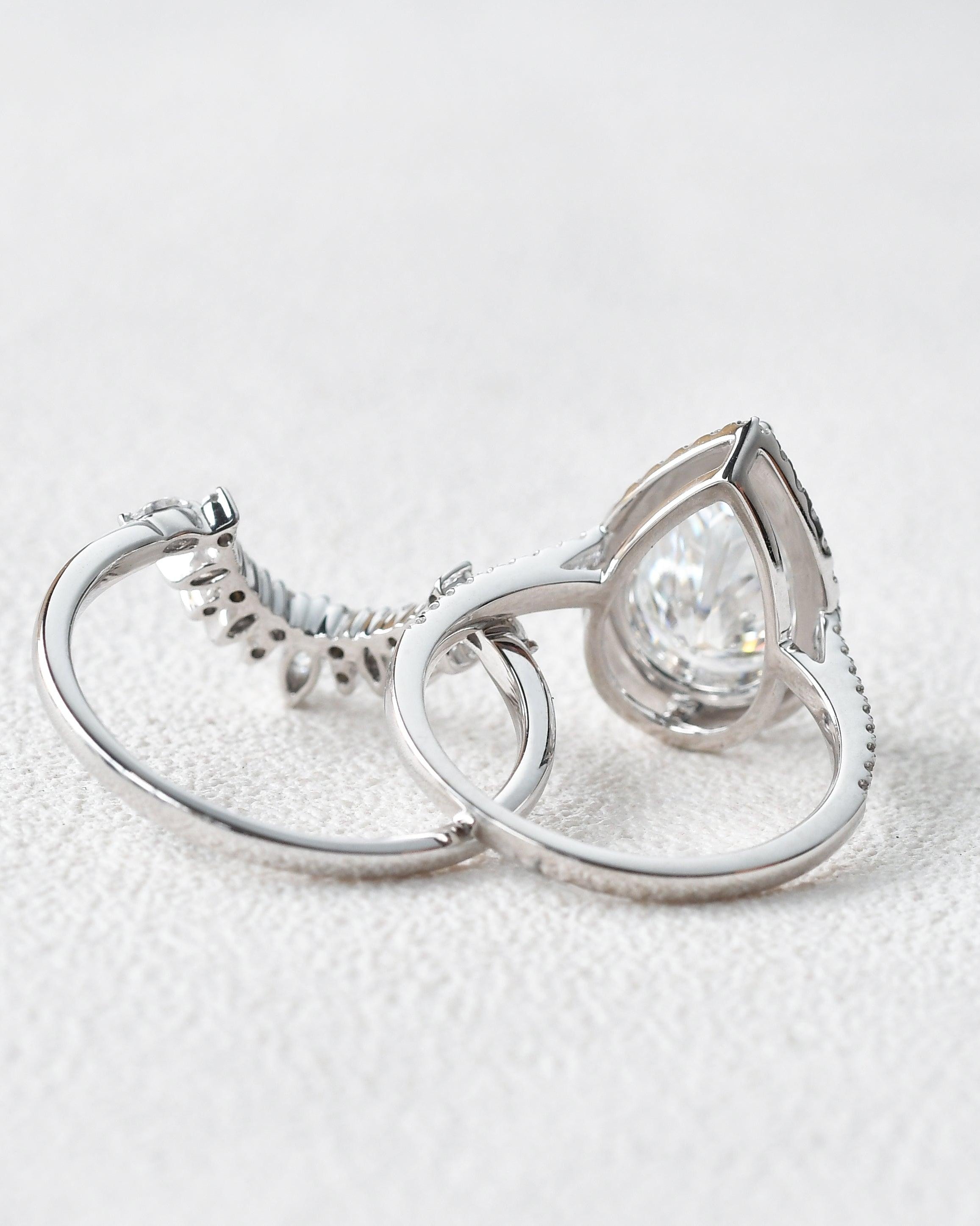 3.5ct Pear Shaped Moissanite White Gold Halo Ring Set 2pcs - Felicegals 丨Wedding ring 丨Fashion ring 丨Diamond ring 丨Gemstone ring--Felicegals 丨Wedding ring 丨Fashion ring 丨Diamond ring 丨Gemstone ring