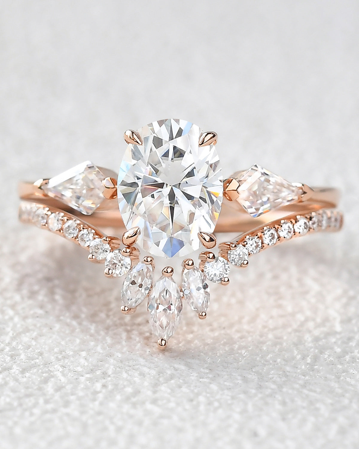 1.5ct Oval Moissanite Kite Three Stones Engagement Ring Set 2pcs