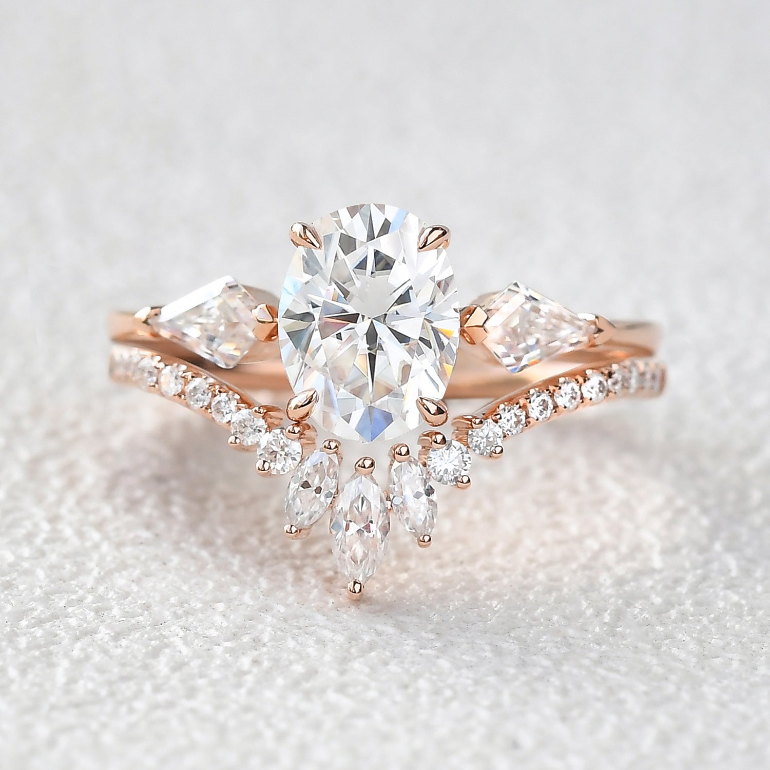 1.5ct Oval Moissanite Kite Three Stones Engagement Ring Set 2pcs