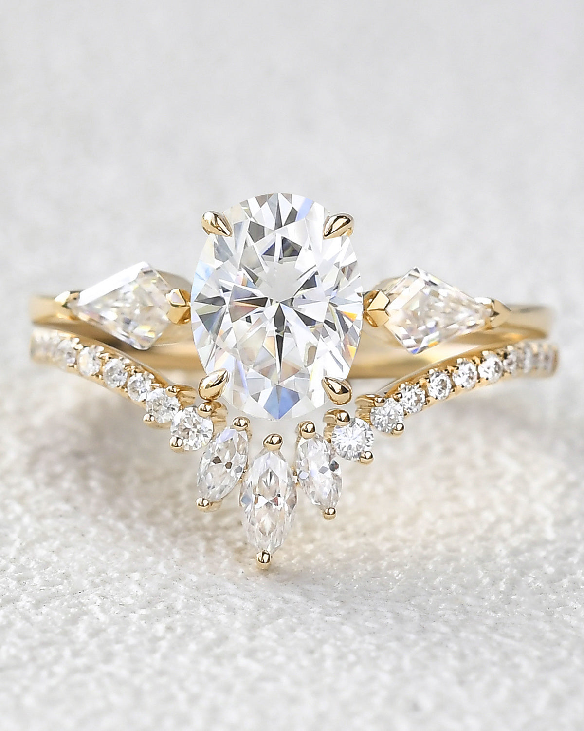 1.5ct Oval Moissanite Kite Three Stones Engagement Ring Set 2pcs