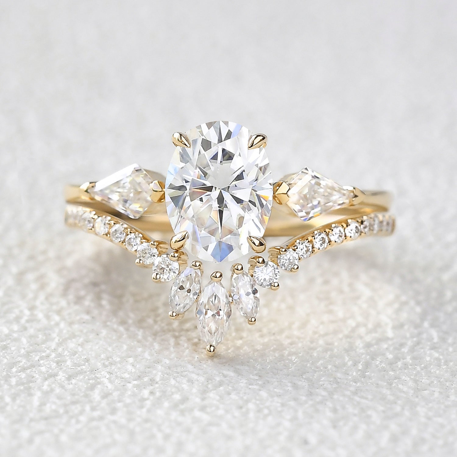 1.5ct Oval Moissanite Kite Three Stones Engagement Ring Set 2pcs