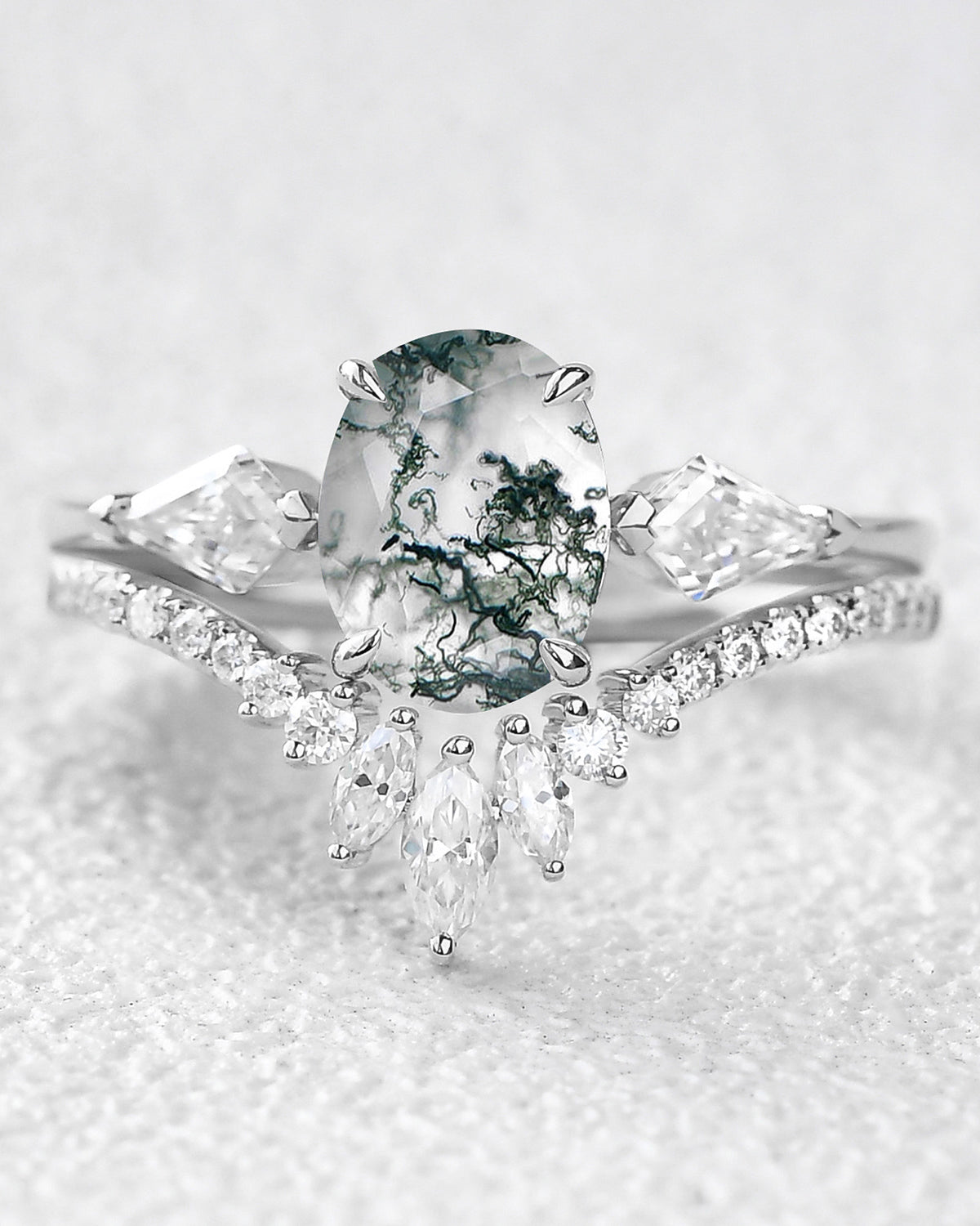 1.5ct Oval Moss Agate Kite Three Stones Engagement Ring Set 2pcs